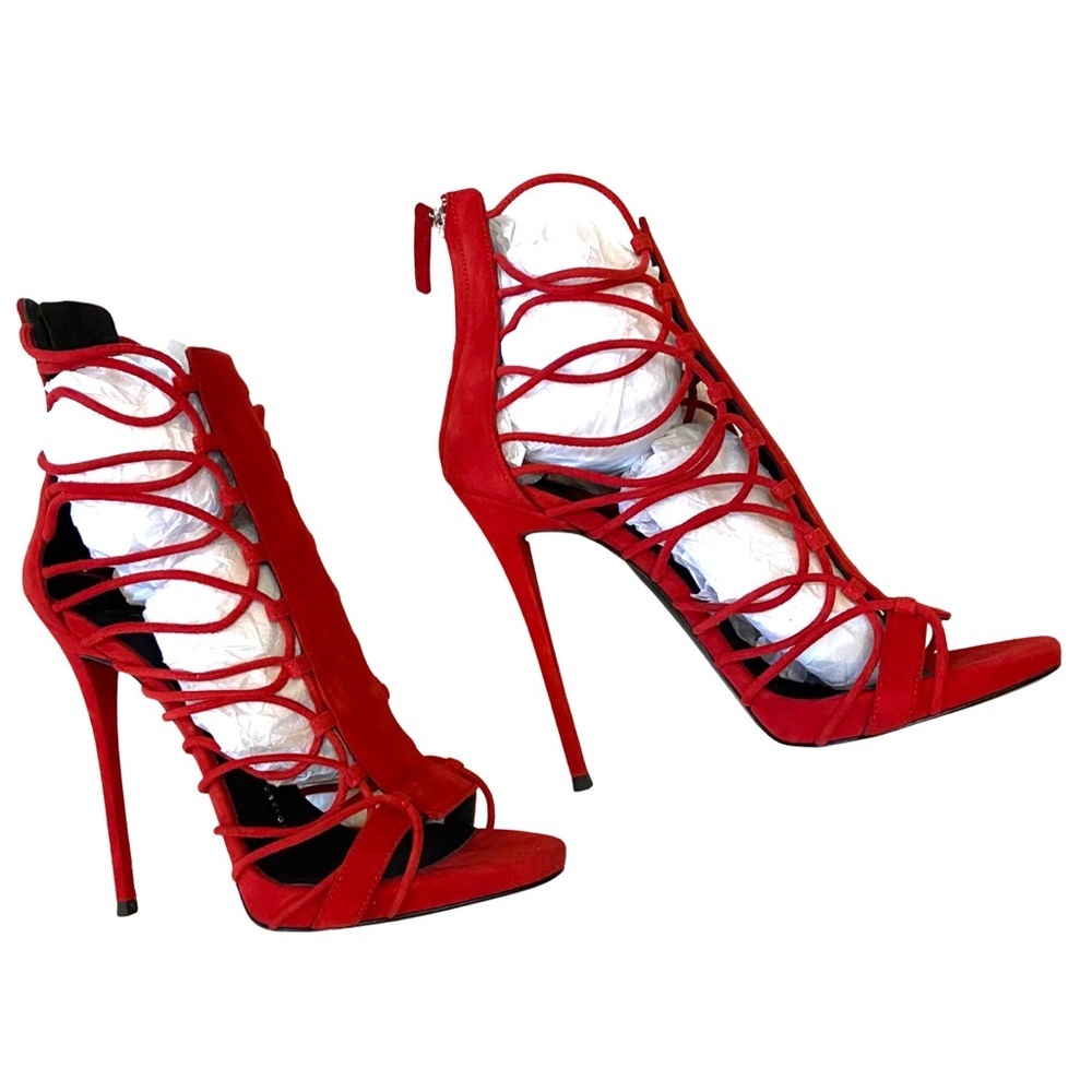 NWOB Giuseppe Zanotti Red Suede Zoey Cage Sandal Stiletto Heels Size 8 - Picture 5 of 11